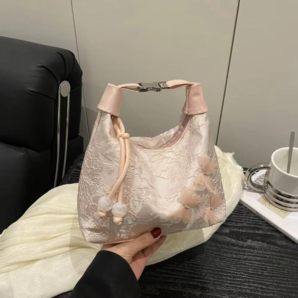 

Chinese Style Butterfly Embroidery Shoulder Bag Zipper Closure Canvas Hanfu Embroidery Handbag Bead Cheongsam Bag Women розовый