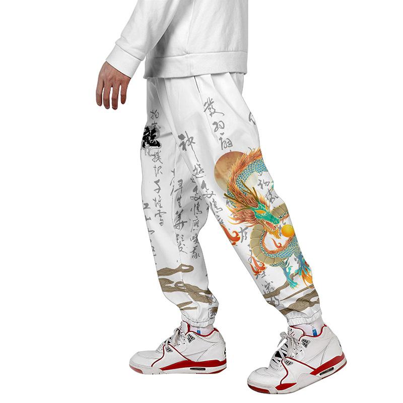 Loose Men Hip Hop Streetwear Dragon Printing Pants Male Chinese Style Trousers Elastic Waist Sports Trousers
