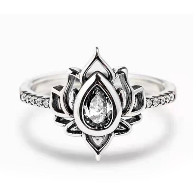 Aesthetic Lotus Flower Rings with Water Drop CZ Exquisite Women Finger-rings Fancy Anniversary Gift New Trendy Jewelry