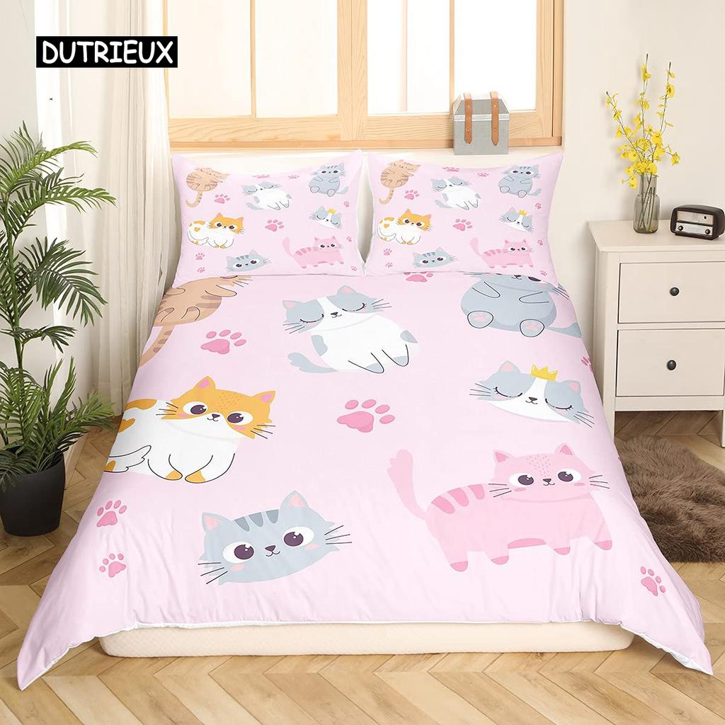 White Cat Flower King Queen Duvet Cover Kitten Bedding Set Pet Animal Polyester Quilt Cover Girls Pink Floral Comforter Cover
