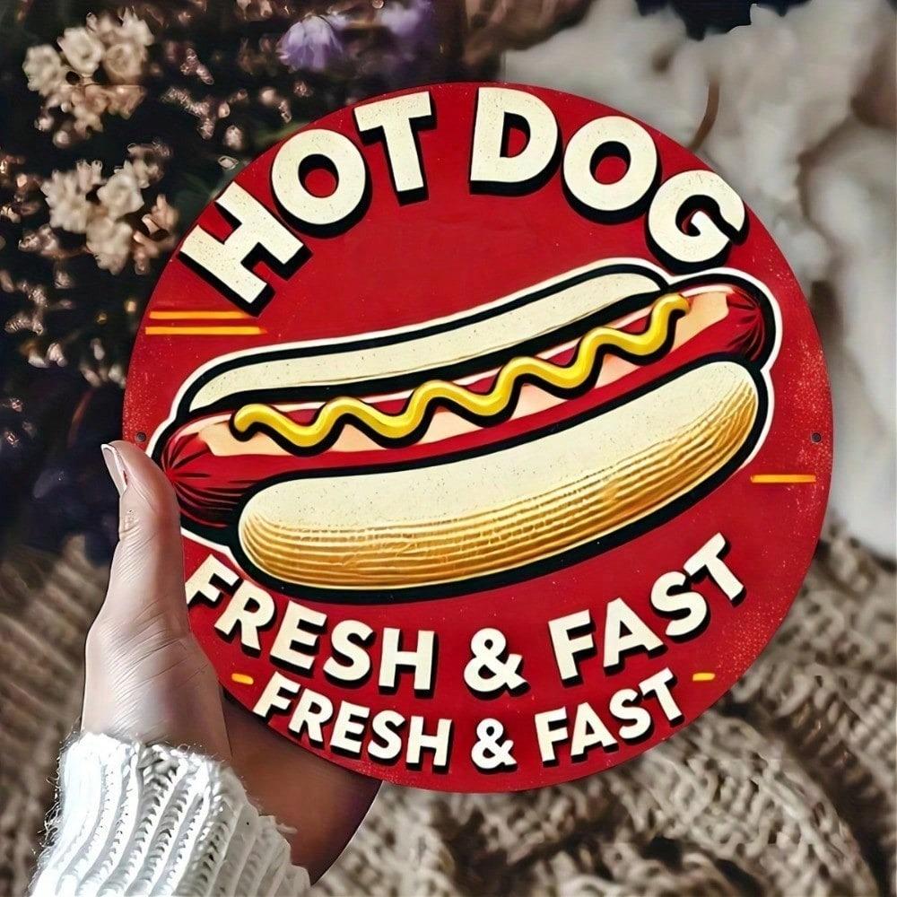 1pc Vintage Hot Dog Round Metal Sign 8x8 Inch Retro Tin Wall Art For Bar Cafe Garage Farmhouse Decor