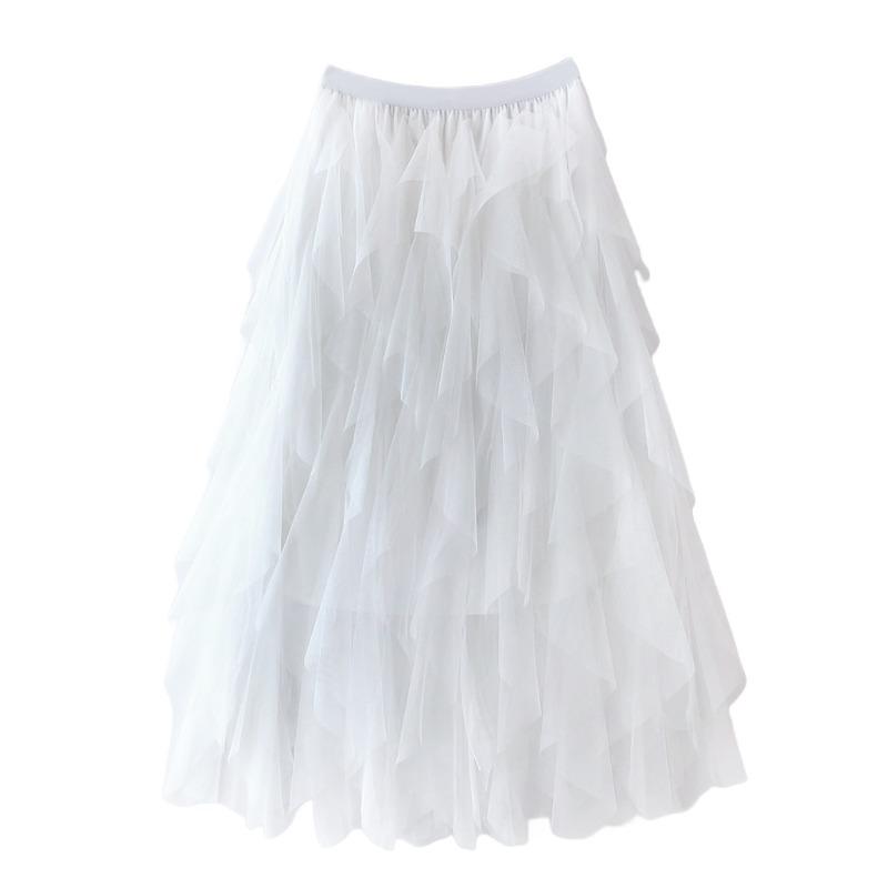 Manufacturer, Elastic Waist Fashionable Versatile and Thin Mesh Stitching Irregular Medium and Long Skirt