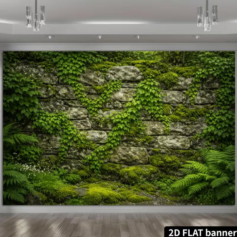 2D Enchanted Forest Wall with Greenery and Wildflowers Photo Background
