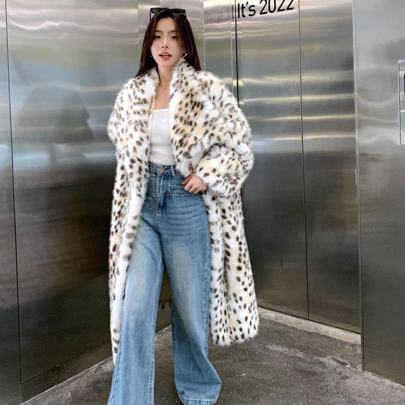 Leopard Print Imitation Fur Coat Women's Large Lapel Loose Imitation Fox Hair Coat Autumn and Winter Thickened Long Mink Hair Coat