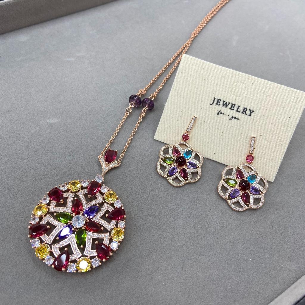Luxury Exaggeration Bride Bright Colored Treasures Flower Disc Set Jewel Earrings Necklace Set Vintage Oil Painting Sense