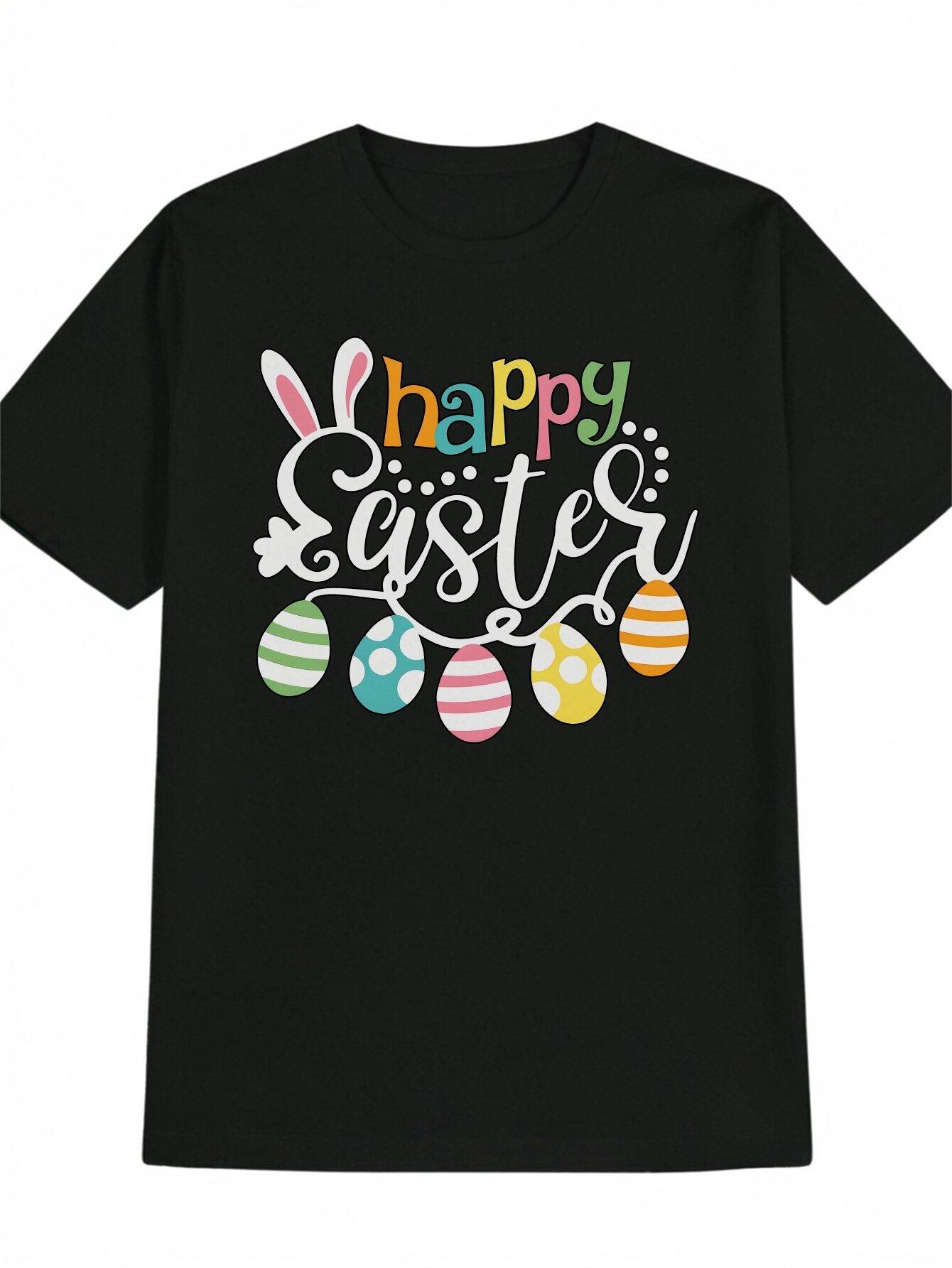

Casual Easter T-shirt - Black Polyester Crew Neck with Colorful Egg and Bunny Print M