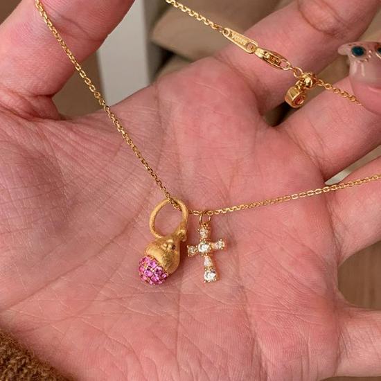 

Ожерелье из стерлингового серебра 925 пробы с розовым цирконом и подвеской в виде сосновой шишки - Осенне-зимняя подвеска-крестик для женщин S925 Silver