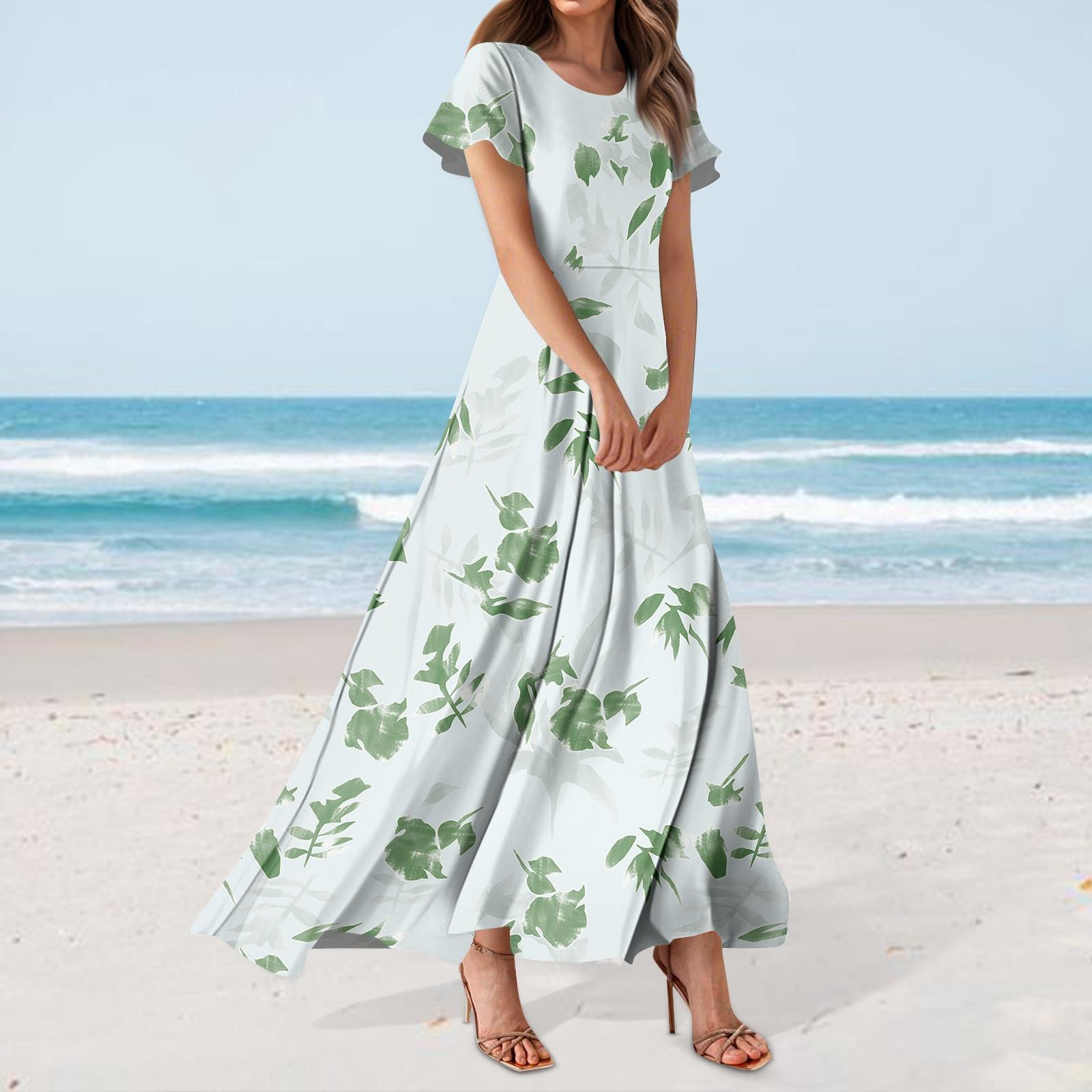 

Женское повседневное платье с гавайским принтом, круглым вырезом, короткими рукавами и высокой талией M красный