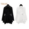 Women Shirt Lapel Long Sleeve Waist Tight Belt Pullover Tops Solid Color Irregular Hem Mid-length Shirt