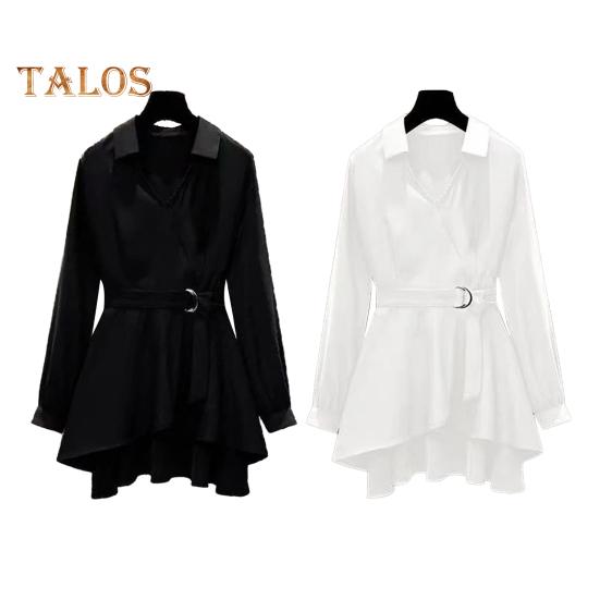 Dámská košile Klopa Dlouhý rukáv Pas Těsný pásek Pulovr Topy Jednobarevný Nepravidelný lem Košile střední délky