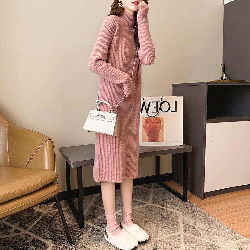 Knitted dress women's slim fall season new k medium and long inner over knee primer sweater skirt