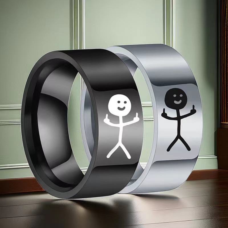 Titanium Steel Hip Hop Doodle Rings for Man Simple Trend Funny Middle Finger Stickman Couple Party New Gift Jewelry