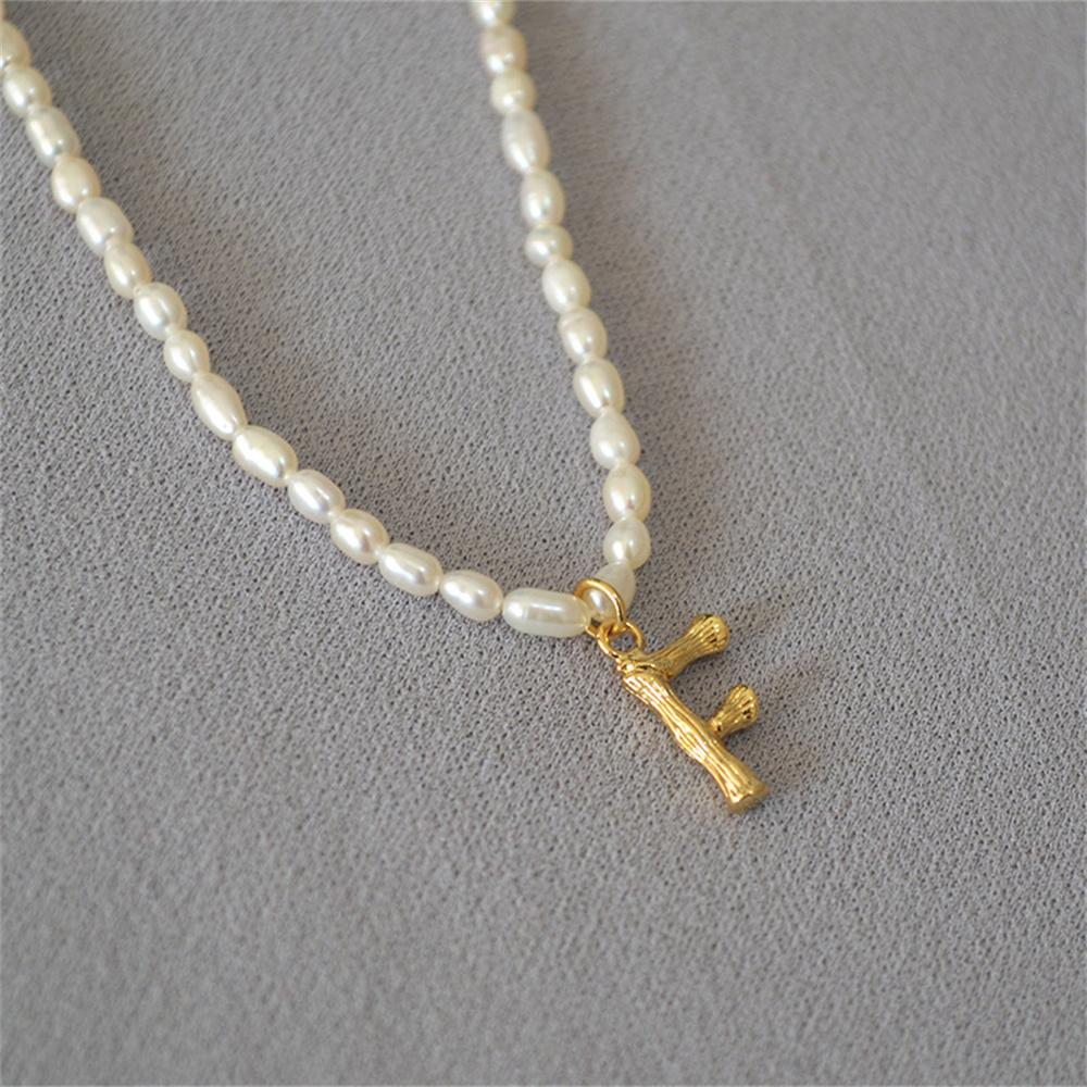 French Vintage Oval Artificial Pearl Chain Necklace For Women Fashion Boho Gold-plate Metal Tree Texture Letter Pendant Jewelry