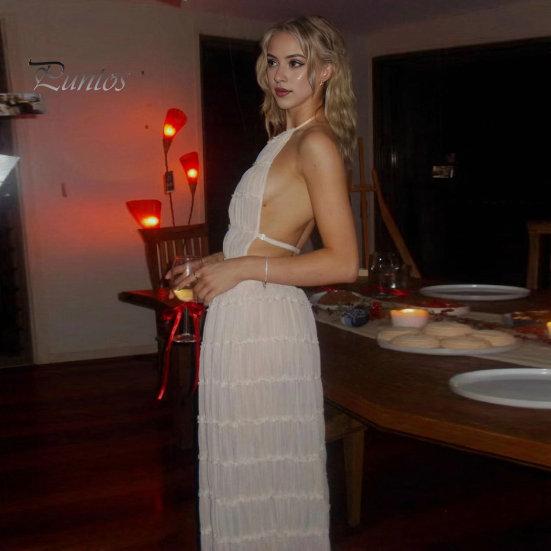 2 ks/sada Dámský top Dlouhá sukně Oblek se šněrováním s ohlávkou výstřih Průhledný náramek bez zad s vysokým pasem, plisované, bez rukávů, plážové bikiny