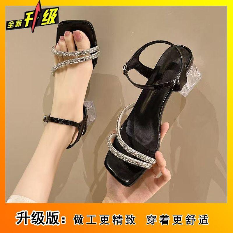 Summer 2025 new high-end niche mid-heel sandals women's transparent thick heel with crystal rhinestone sandals