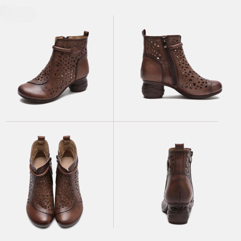 Johnature Retro Prodyšné Holínky Letní Sandály Móda z pravé kůže Dámská obuv na vysokém podpatku