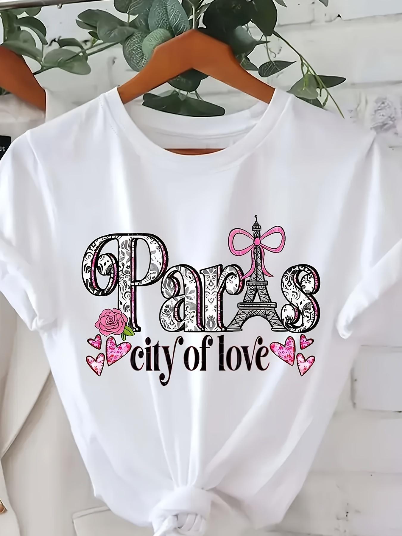 

Paris City of Love Women s T-Shirt - Soft Breathable Casual Summer Fashion with Eiffel Tower Print Round Neck Short Sleeve Top S