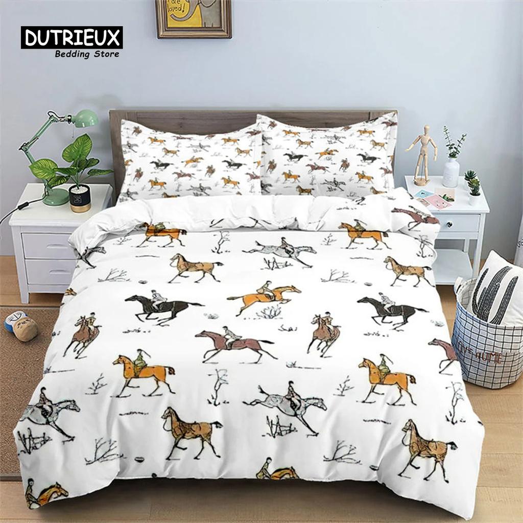 Horse Comforter Cover Set For Kids Toddler Farm Animal Pattern Bedding Set Boys Girls 3 Piece Farmhouse Cowboy Duvet Cover Set