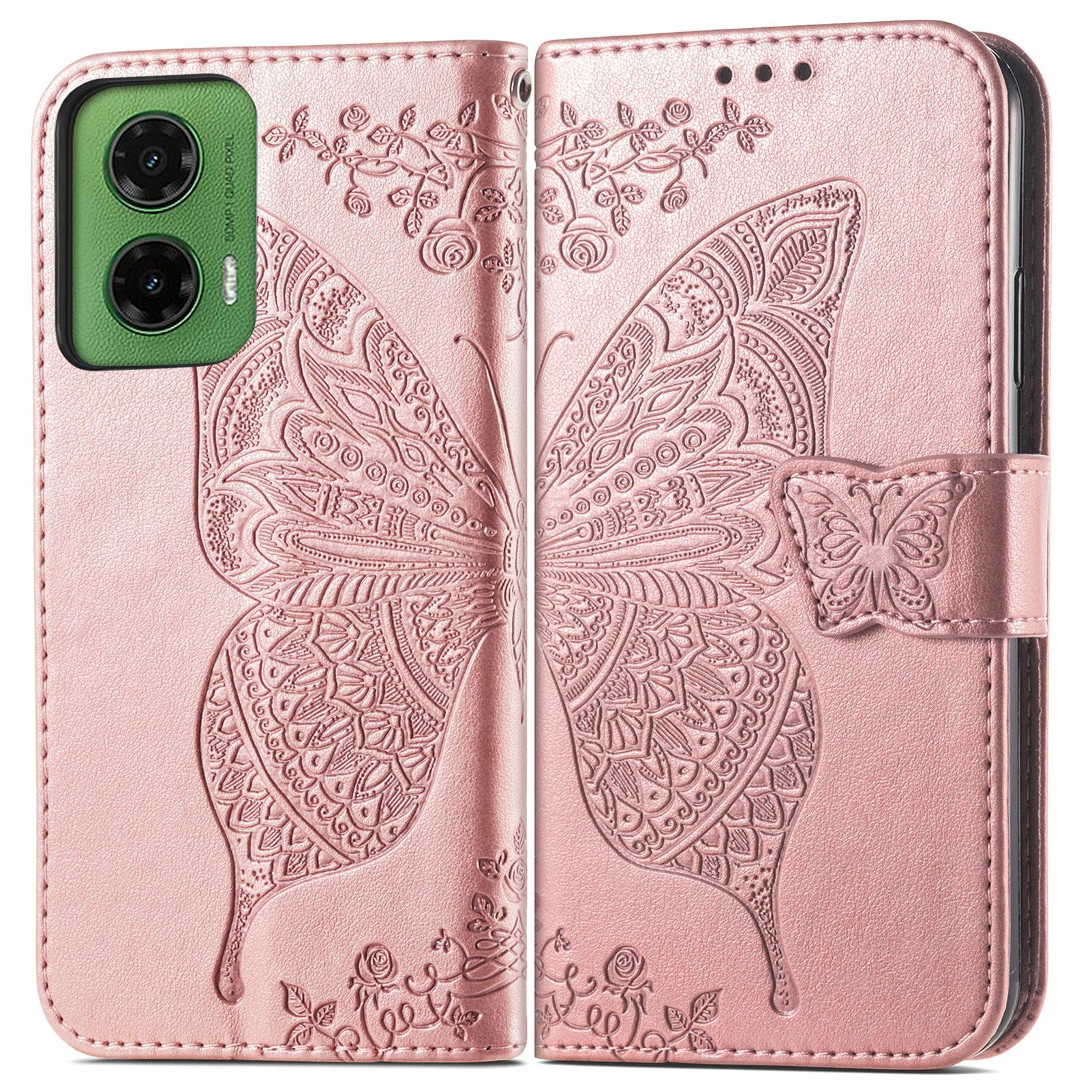 

For Motorola Moto G35 5G Case PU Leather Wallet Phone Cover Butterfly Pattern Rose Gold