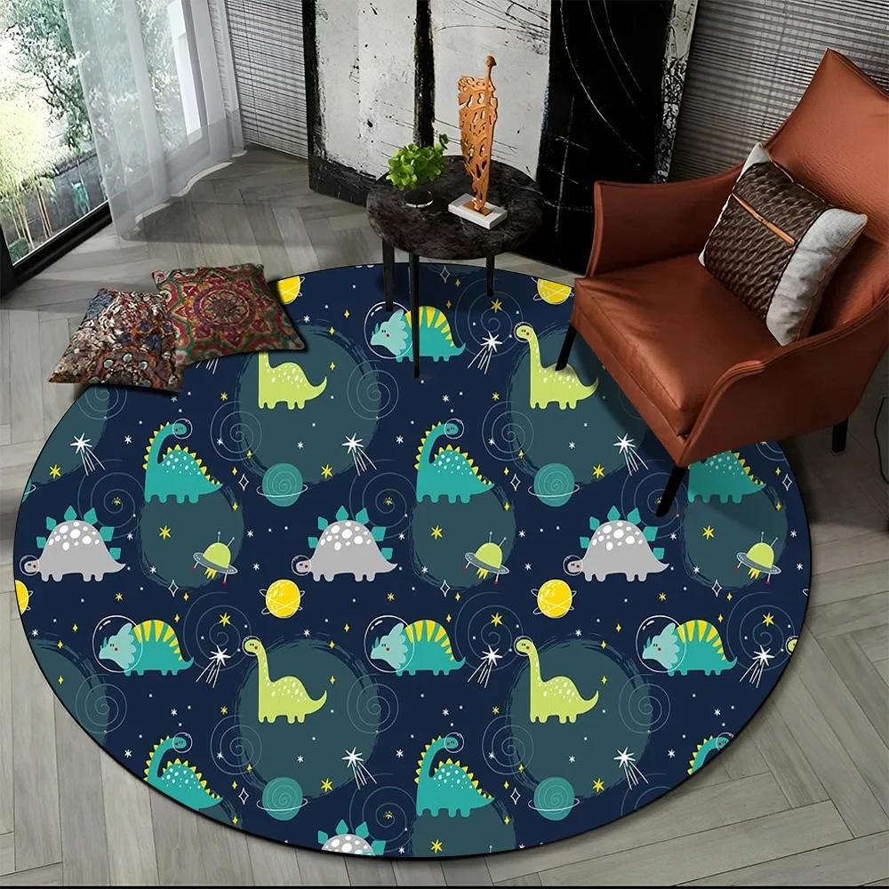 Cartoon Dinosaur Round Carpet Outer Space Cute Dino Area Rug for Living Room Bedroom Sofa Decor Non-slip Children's Crawling Mat