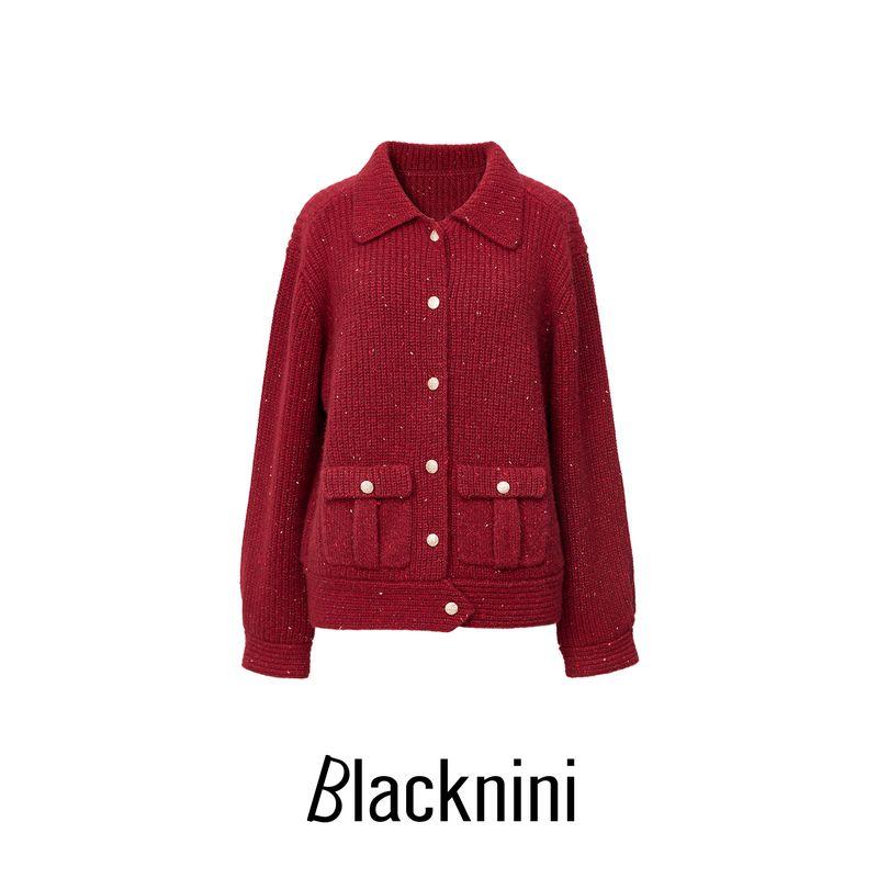 

Blacknini Yin Huafu/ New Year Red Heavy Weight 26nm Conseini Cashmere Fancy Yarn Knitting Cardigan Red (97.9 cashmere) S