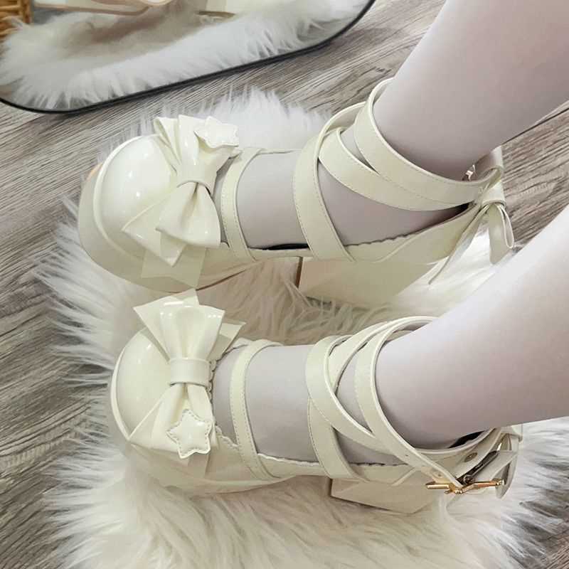 Fashion Women's Lolita High Heels Chunky Heel Sandals Mary Jane PU Leather Shoes Retro Thick Sole Party Bowknot Summer