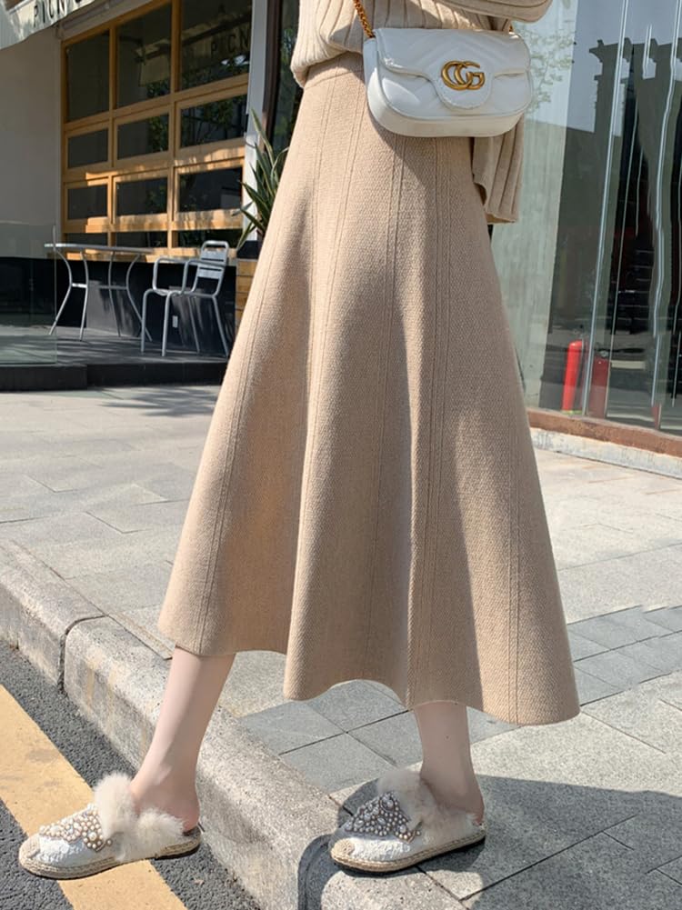 JudyRose Knit Flared Midi Elastic Warm for Fall and Winter One Women's Skirt, Length, A-Line, Waist, (JP, Alphabet, Size, Beige)