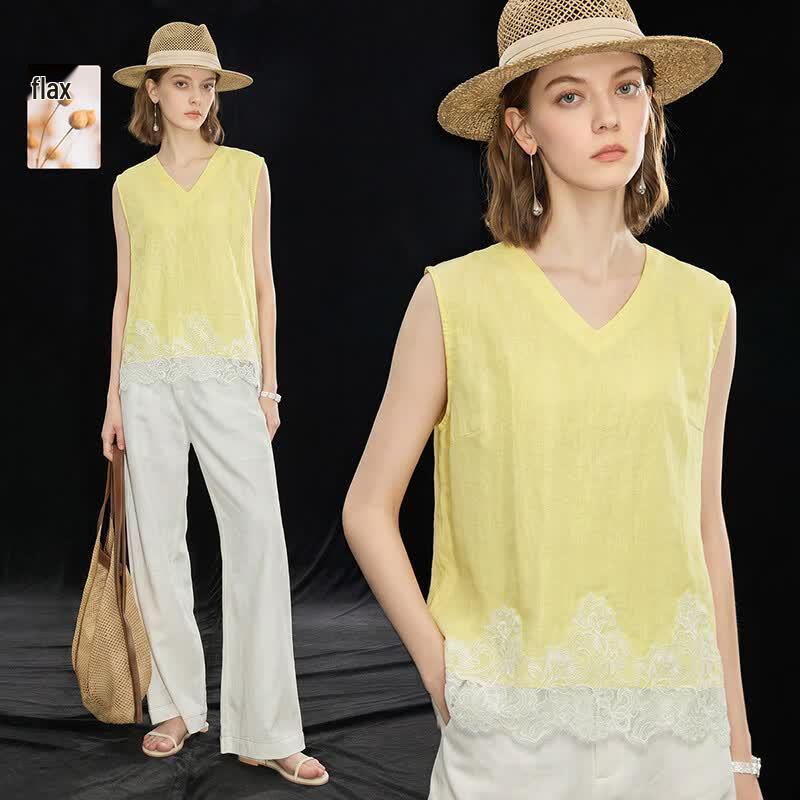 Women s 100% Linen V-Neck Lace Trim Vest