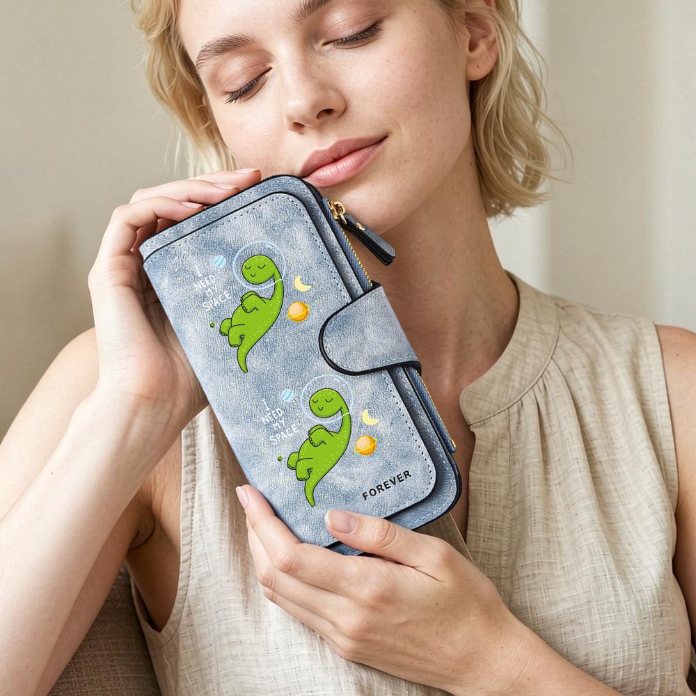 Cute Dinosaur Print Long Wallet Women Fashion PU Leather Card Holder Portable Casual Coin Purse
