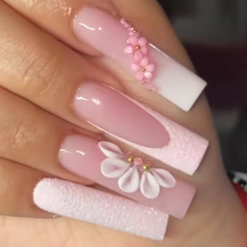Sweet Floral Press-On Nails Long Style Removable False Nail Tips With Gel Adhesive Or Jelly Glue Gel Adhesive Style