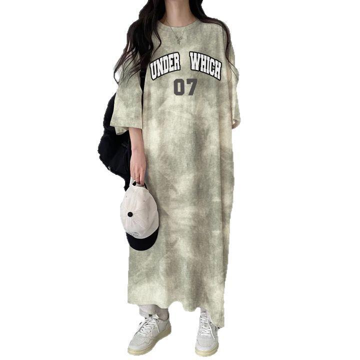 Korean Tie-Dye Slim Fit Letter Print T-Shirt Dress - Women's Summer 2024 Collection