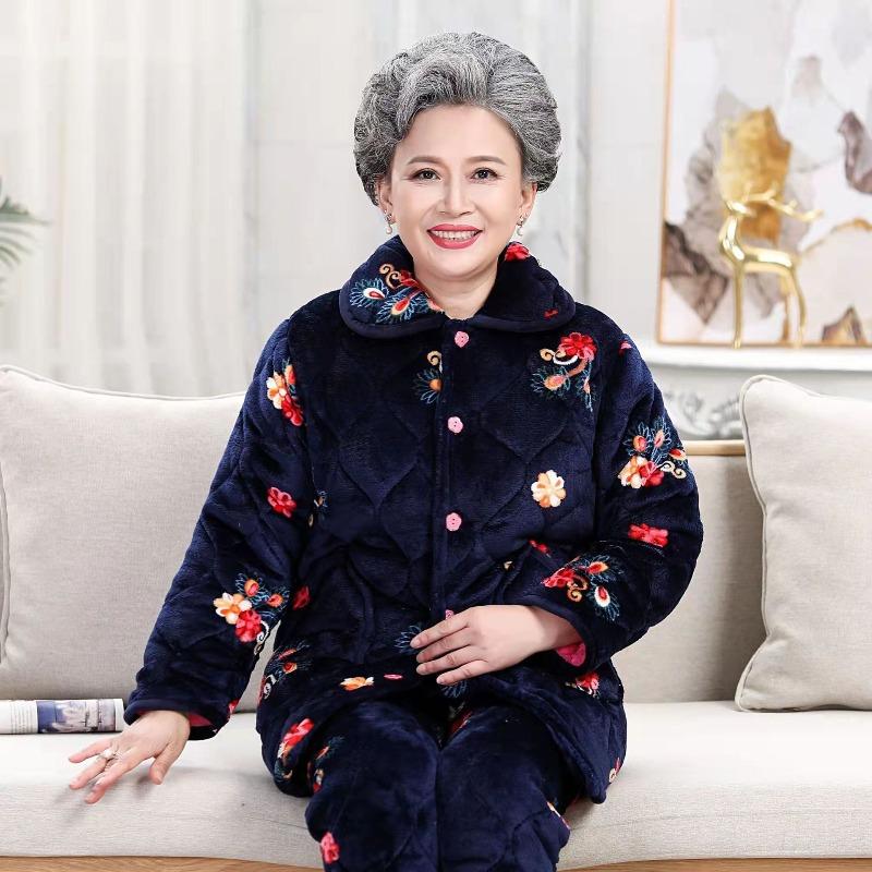 Coral fleece women's pajamas three-layer padded cotton thickened pregnancy postpartum breastfeeding set thermal loungewear