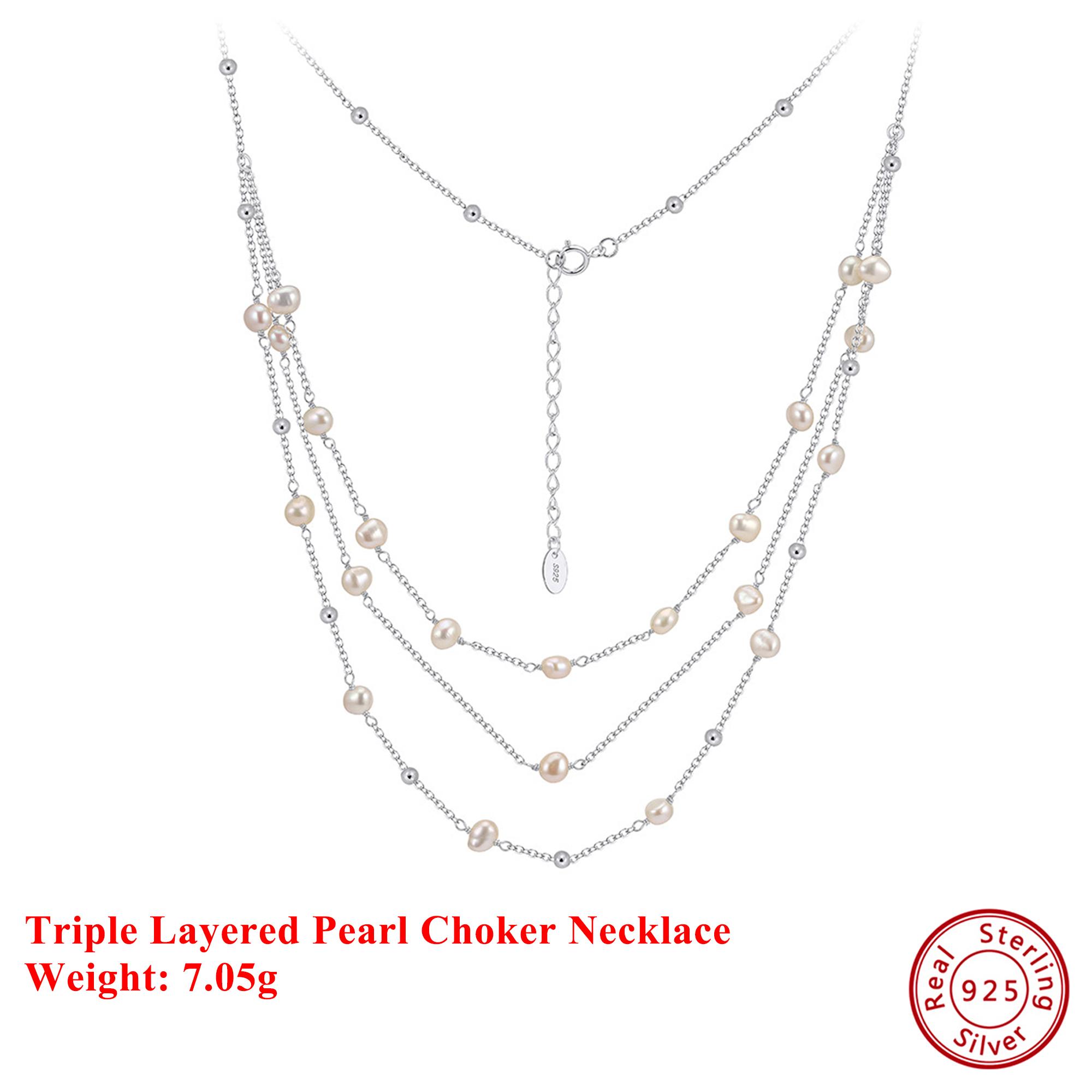 

EFFIE QUEEN 925 Solid Sterling Silver 14k Gold Triple Layered Pearl Choker Necklace Luxury Jewelry for Women Wedding Party GPN89 серебряный