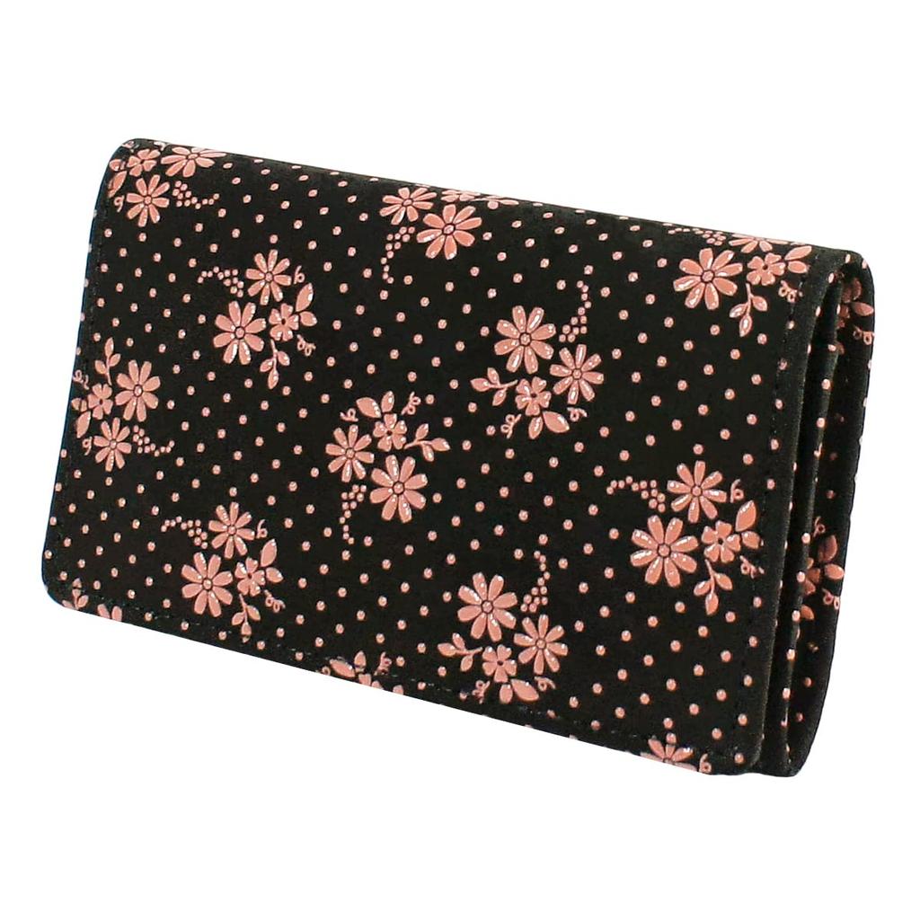 Indenya Inden Business Card Case, Large Capacity, Deerskin Leather, Black with Pink Lacquer, Cosmos Pattern, 2501-51-175