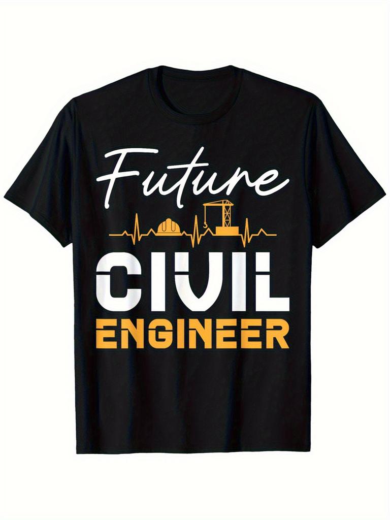 Future Civil Engineer Graphic unisex T-Shirt - Black & White Heartbeat & Building Design, Medium Stretch Knit Fabric, Crew Neck Casual Tee for Men & W