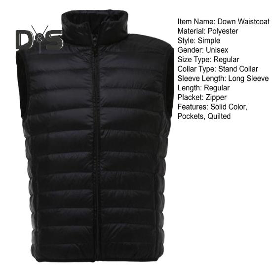 Unisex Down Waistcoat Stand Collar Sleeveless Solid Color Zipper Placket Cotton Vest with Pockets Thin Warm Vest Coat