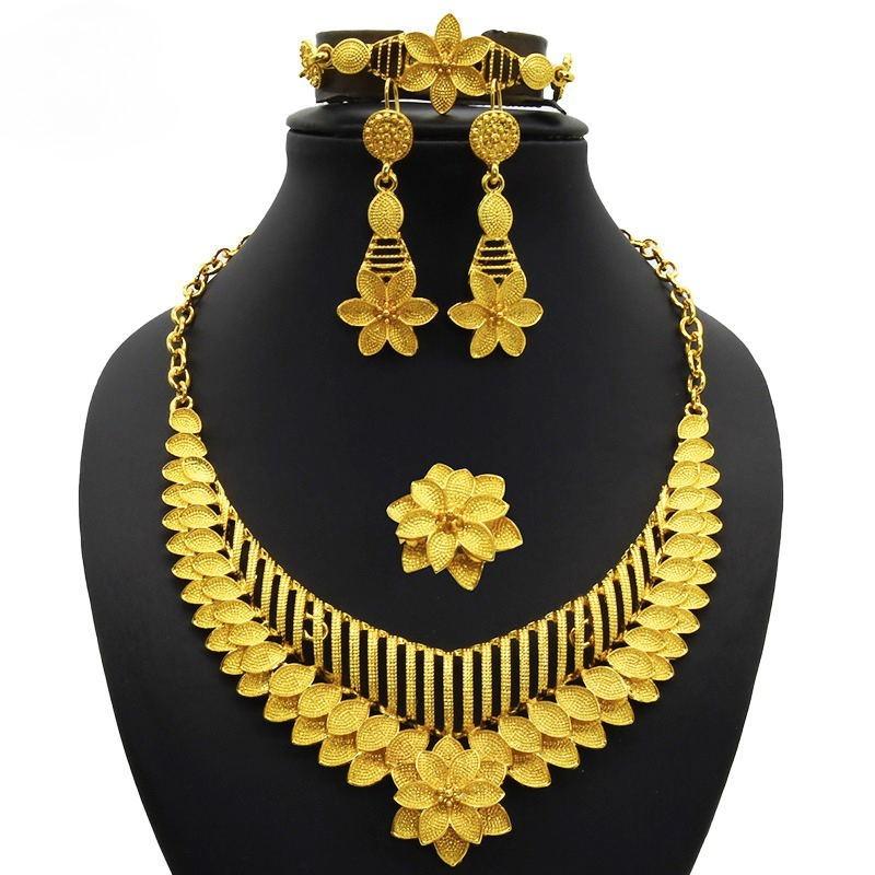 2026 Nigeria Dubai 24K Gold Jewelry Set Bridal Necklace Bracelet Earrings Ring Four-piece Set