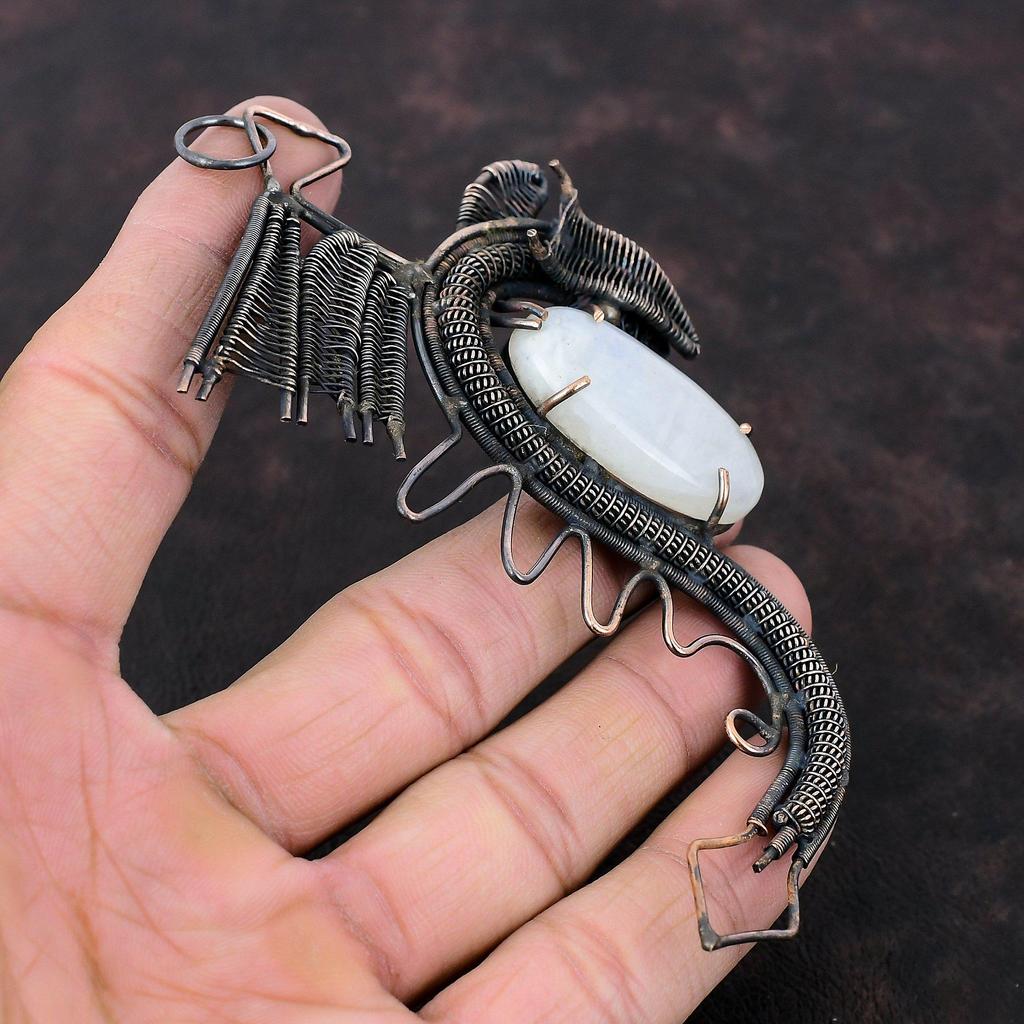 Rainbow Moonstone Pendant Copper Wire Wrapped Pendant Gemstone Jewelry Handmade Pendant Dragon Pendant Beautiful Copper Jewelry Gift For Him