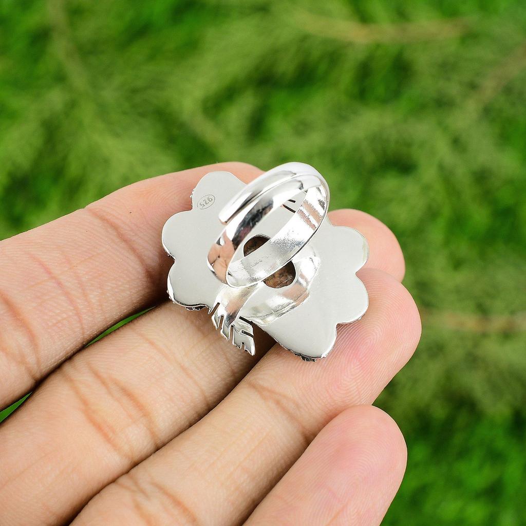 Natural Unakite Gemstone Solitaire Flower Adjustable Ring 925 Silver For Women