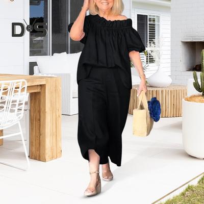 2 Teile/satz Frauen Top Hosen Anzug Rüschen Schulter Kurze Ärmel Plissiert Bluse Breites Bein Lose Einfarbig Cropped Hosen Urlaub Casual outfit