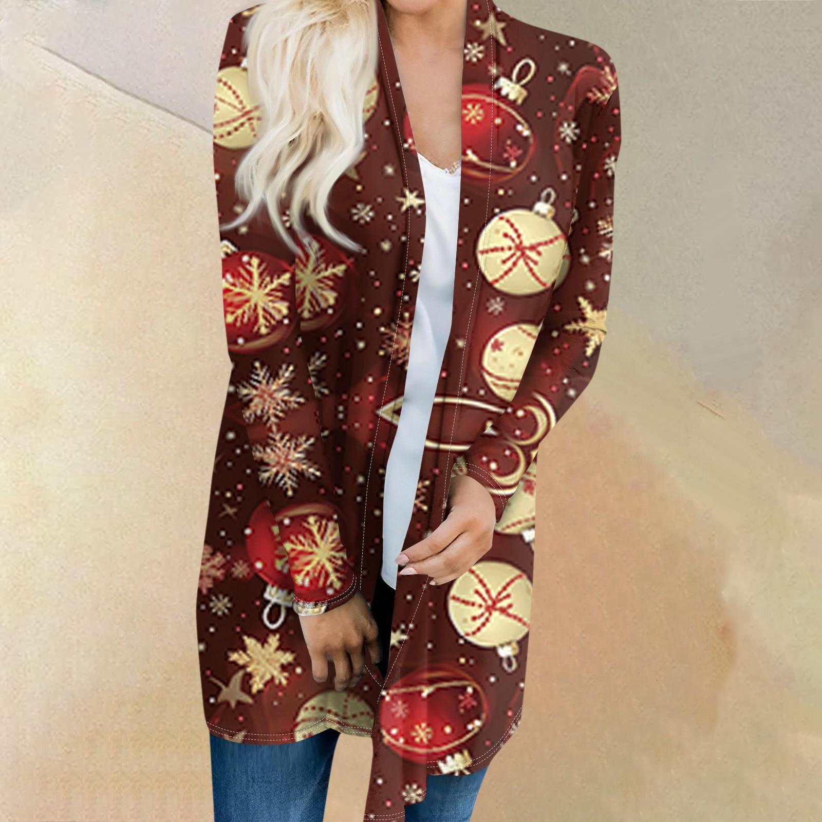 

Жіночий модний і повсякденний різдвяний кардиган середньої довжини з принтом і довгими рукавами XXXXL коричневий