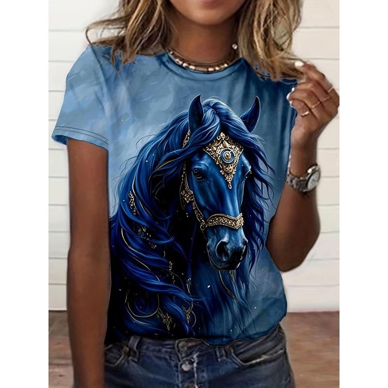 

Women s Tee - Ornate Gilded Blue Horse Graphic, Regal Mythical Steed Design for Casual Daily Wear XL