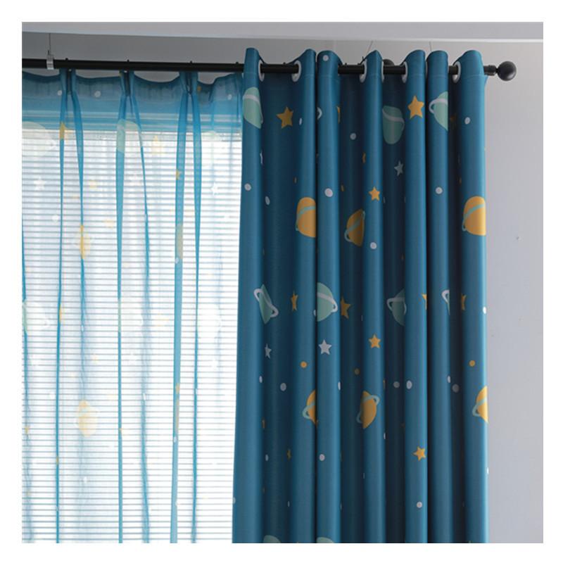 Printed Curtain Cloth, Full Blackout Cloth, Bedroom Bed Curtain, Blue Cartoon Planet Curtain Cloth