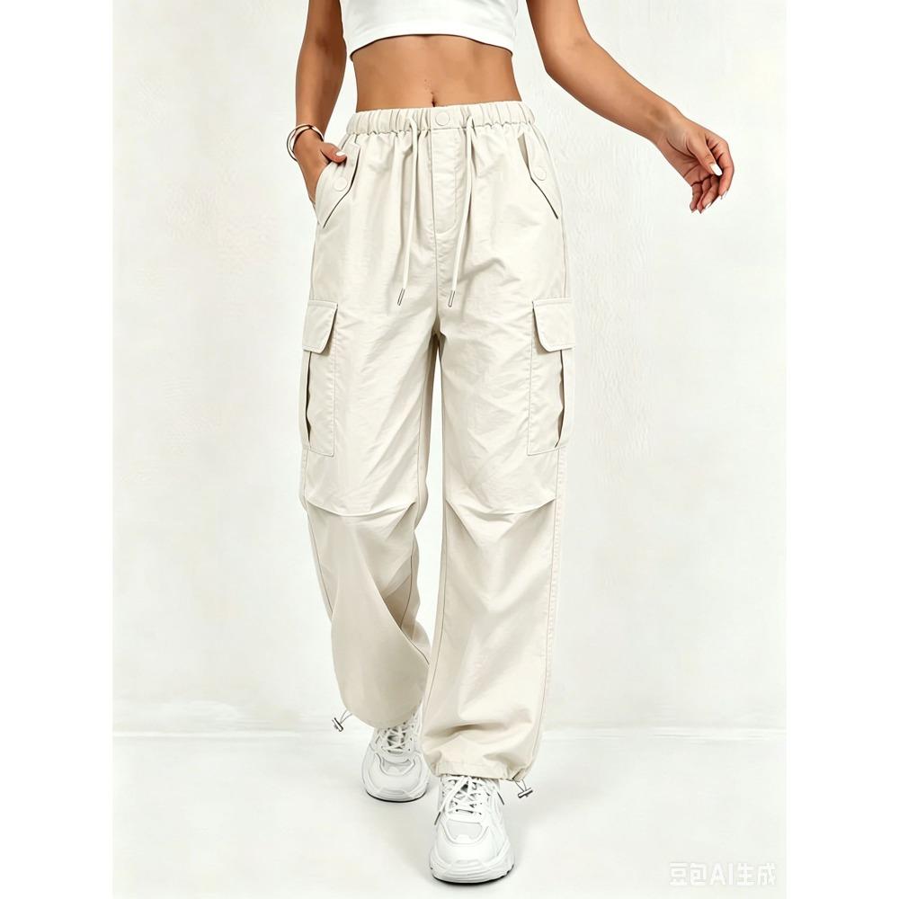 Women s Drawstring High Waist Cargo Pants Loose Fit Wide Leg Multi Pocket Casual Trousers Streetwear Bottoms for Autumn S