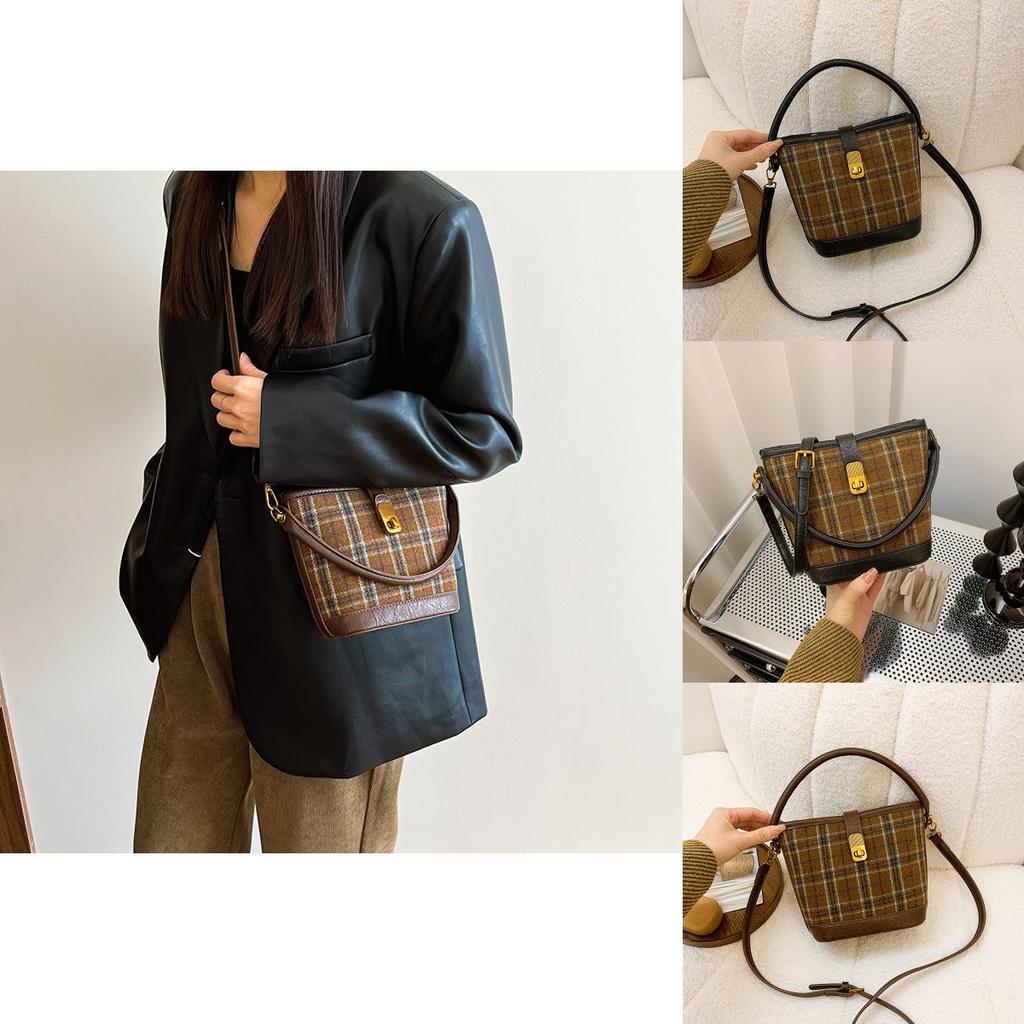 Trendy 2023 Small Shoulder Bag For Women In Coffee And Black Pu Material With Retro Color Block Plaid Design