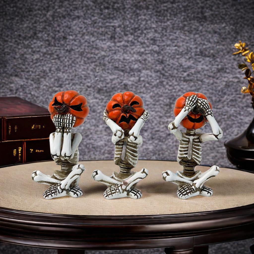 Delightful White Pumpkin Skull Set Three Resin Figurines Perfect For Halloween Parties