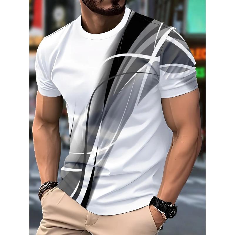 Men's Fashion 3D Stripe Printed T-shirt Micro Elastic Breathable Short Sleeve Outdoor Sports Speed Drying Large Size Top