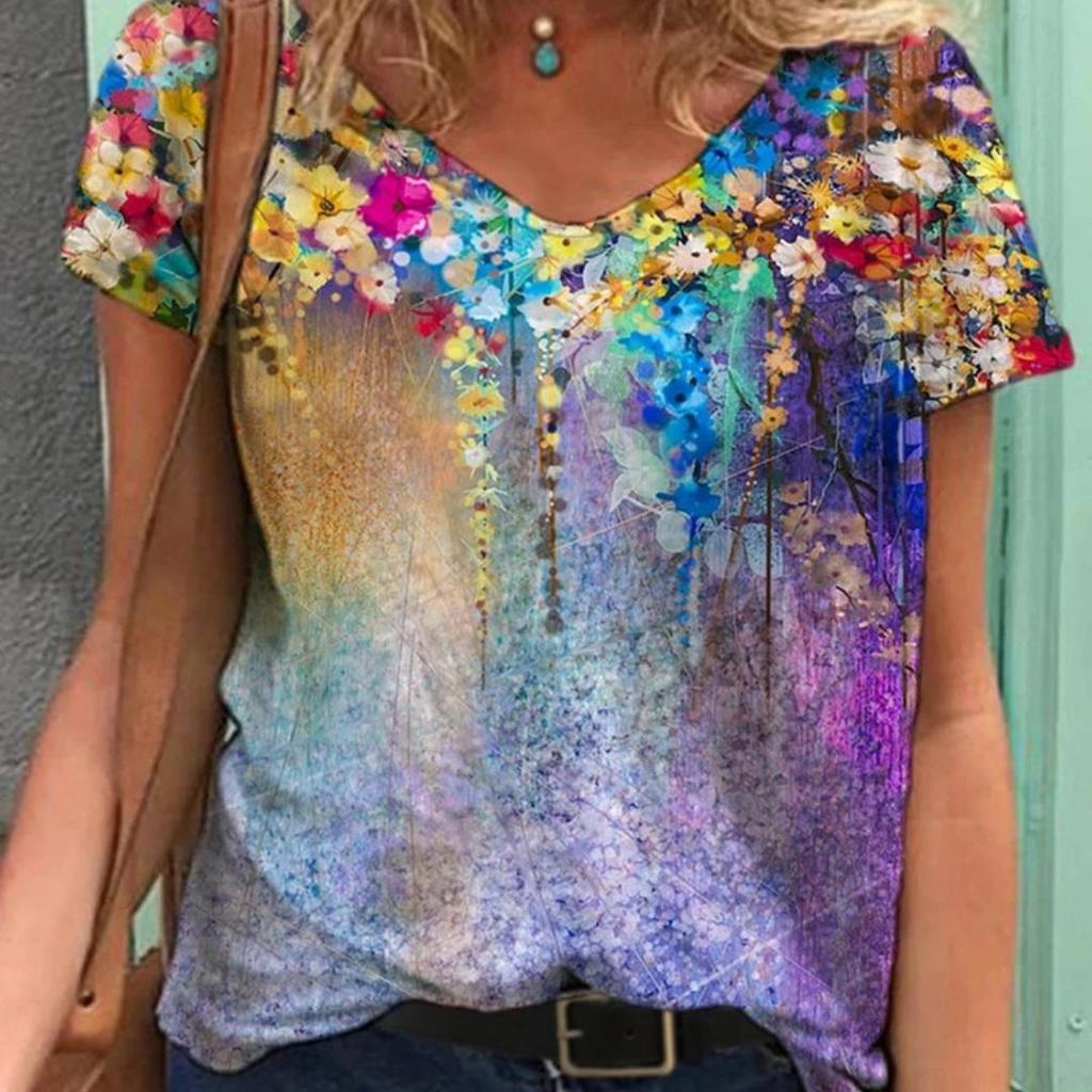 New Women Fashion V Neck Slim Fit Short Sleeve Pullover 3D Flowers Print Plus Size Casual T Shirt Tops S-5XL