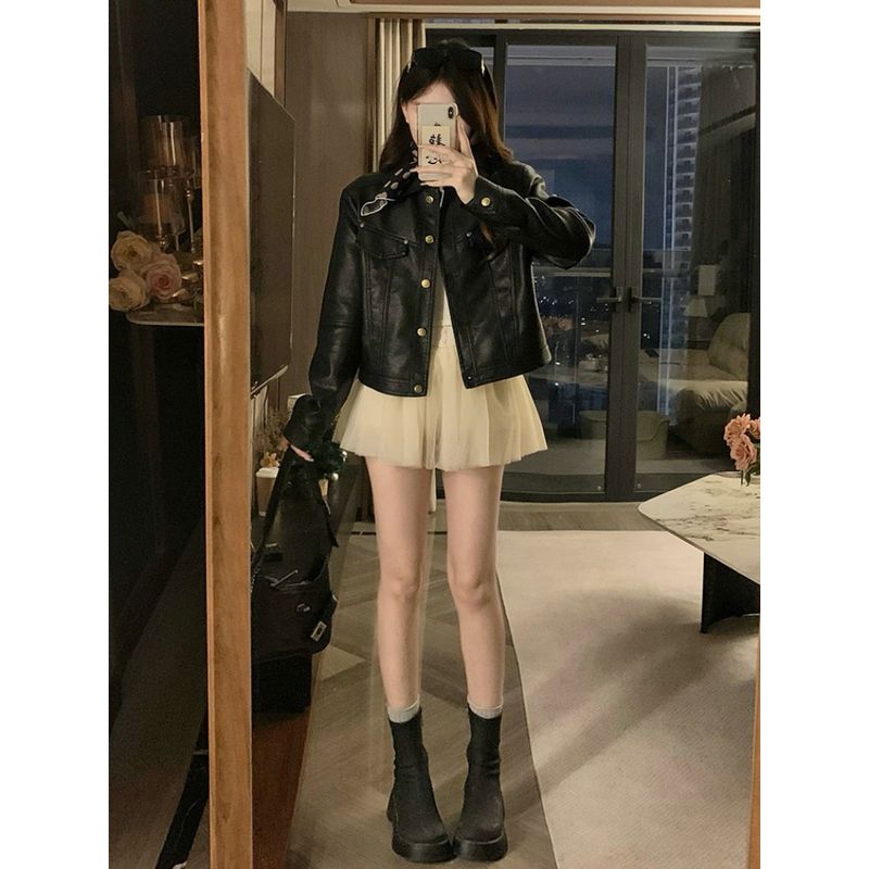 Kumikumi High Sense Retro Black Leather Coat Outerwear Women Autumn Loose Slimming Temperament Lapel Jacket Top