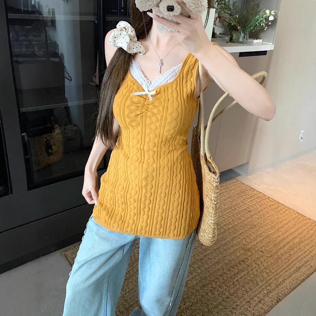 Korean Style Lace Knit Slim-Fit Vest Blouse for Women - Summer Casual Solid Color Pullover